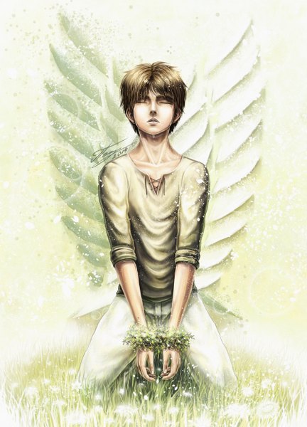 Anime picture 3600x5000 with shingeki no kyojin production i.g eren yaeger violetta2013 single tall image fringe highres short hair brown hair signed absurdres eyes closed kneeling bondage boy flower (flowers) plant (plants) handcuffs emblem