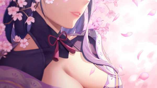 Anime picture 4188x2351 with genshin impact raiden shogun monmo mu single long hair highres breasts light erotic wide image large breasts absurdres purple hair outdoors parted lips lipstick cherry blossoms cleavage cutout head out of frame pink lipstick spring