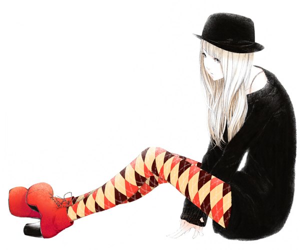Anime picture 920x768 with original sousou (sousouworks) single long hair looking at viewer fringe simple background blonde hair white background sitting bare shoulders full body grey eyes high heels lacing casual girl hat pantyhose sweater