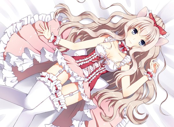 Anime picture 1400x1020 with original mauve single long hair blue eyes light erotic blonde hair animal ears lying cat ears pantyshot girl thighhighs dress bow hair bow white thighhighs frills