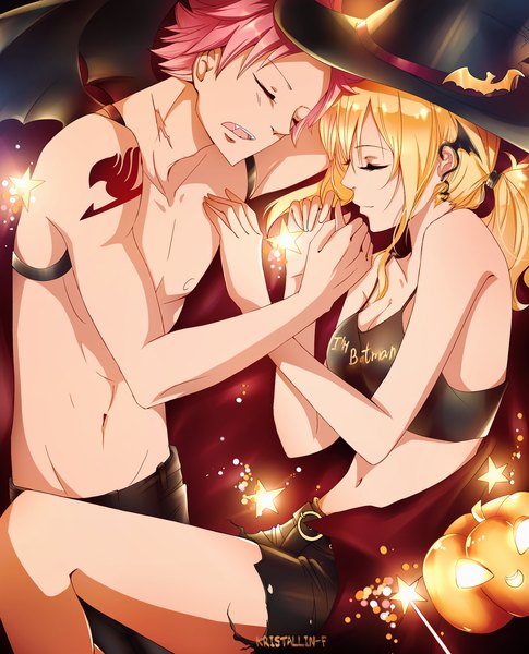 Anime picture 1212x1500 with fairy tail lucy heartfilia natsu dragneel kristallin-f (artist) long hair tall image short hair open mouth light erotic blonde hair pink hair ponytail eyes closed light smile tattoo torn clothes holding hands scar halloween sleeping
