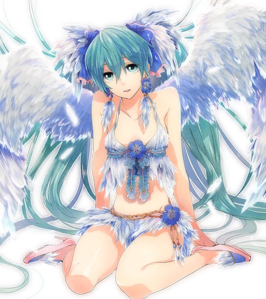 Anime picture 1200x1350 with vocaloid hatsune miku irono yoita (artist) single tall image simple background white background sitting twintails cleavage very long hair aqua eyes aqua hair girl hair ornament bow hair bow wings