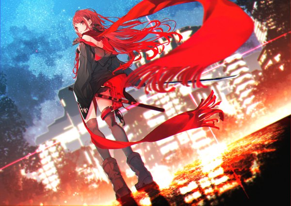 Anime picture 2000x1417 with original kuwashima rein single long hair looking at viewer fringe highres light erotic red eyes payot full body outdoors red hair long sleeves looking back wind from behind night open jacket dutch angle