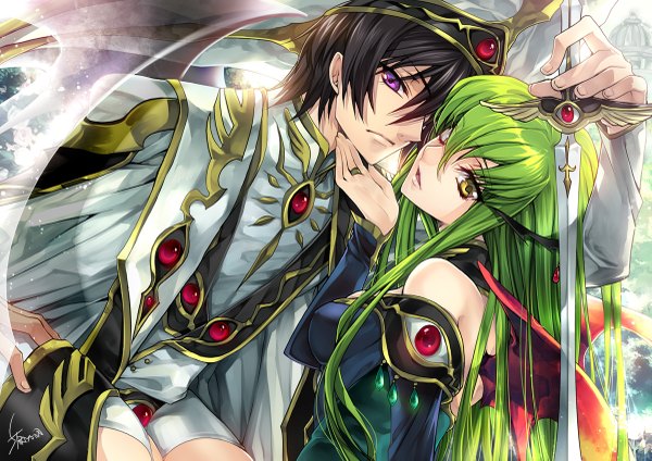 Anime picture 1200x849 with code geass sunrise (studio) c.c. lelouch lamperouge creayus long hair short hair black hair purple eyes bare shoulders yellow eyes green hair couple face to face girl boy weapon sword ring