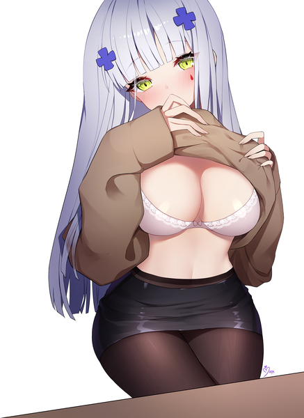 Anime picture 1457x2000 with girls frontline hk416 (girls frontline) ango single long hair tall image looking at viewer blush fringe breasts light erotic simple background large breasts white background sitting green eyes signed cleavage silver hair blunt bangs