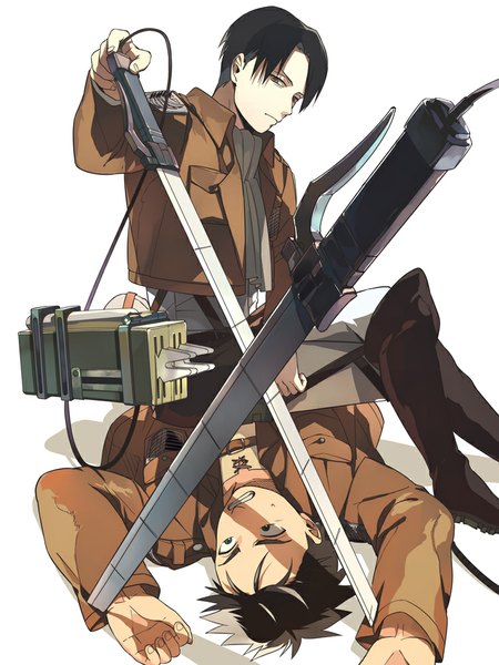 Anime picture 750x1000 with shingeki no kyojin production i.g eren yaeger levi (rivaille) oba-min tall image fringe black hair simple background brown hair white background sitting brown eyes lying black eyes multiple boys on back scared boy uniform