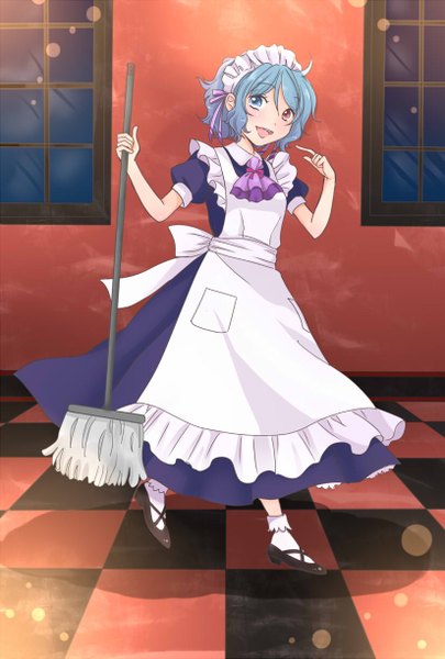 Anime picture 826x1223 with touhou tatara kogasa yuzuna99 single tall image looking at viewer short hair open mouth blue eyes red eyes blue hair :d short sleeves maid lens flare checkered floor floor pointing girl uniform