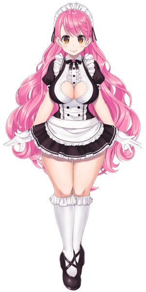 Anime picture 500x995 with virtual youtuber nijisanji aizono manami itou life single long hair tall image looking at viewer blush breasts light erotic smile large breasts pink hair full body official art maid orange eyes puffy sleeves transparent background