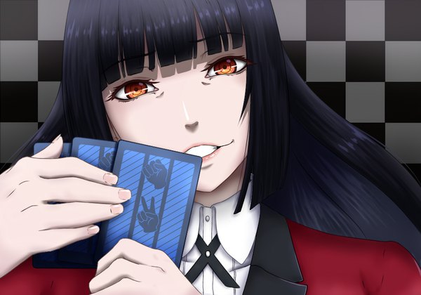 Anime picture 1000x700 with kakegurui jabami yumeko blacky single long hair looking at viewer blush fringe black hair simple background smile holding brown eyes payot upper body blunt bangs fingernails grin checkered checkered background