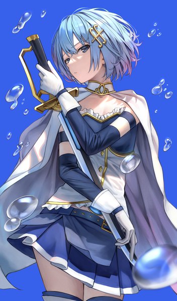 Anime picture 1200x2046 with mahou shoujo madoka magica shaft (studio) miki sayaka superpig (wlstjqdla) single tall image looking at viewer fringe short hair blue eyes simple background hair between eyes standing holding blue hair pleated skirt arm up gradient hair blue background girl
