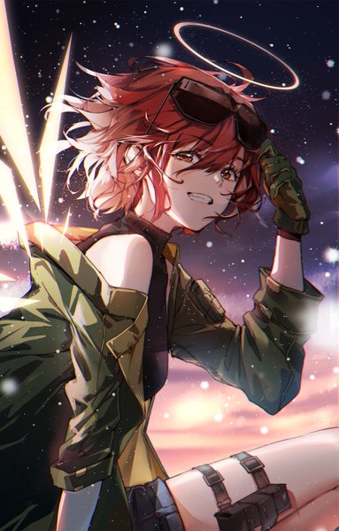 Anime picture 1228x1920 with arknights exusiai (arknights) exusiai (wild operation) (arknights) clouble single tall image looking at viewer fringe short hair smile hair between eyes red eyes sitting red hair open jacket grin official alternate costume sunglasses on head adjusting sunglasses girl