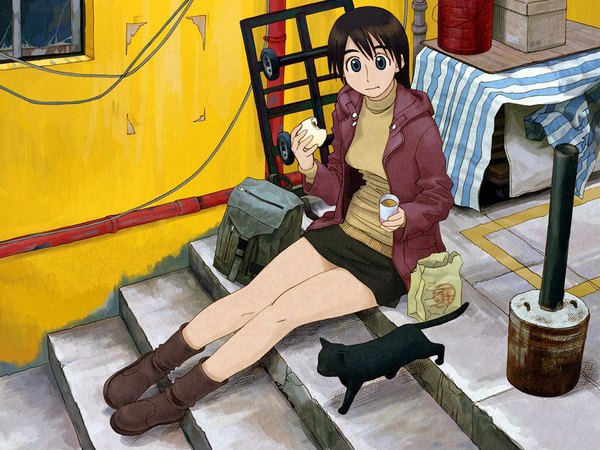 Anime picture 1024x768 with afternoon (magazine) azuma kiyohiko short hair brown hair sitting wallpaper eating skirt miniskirt food cat bag cup stairs nikuman