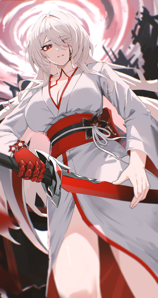 Anime picture 1980x3739 with honkai: star rail honkai (series) acheron (honkai: star rail) nvl single long hair tall image looking at viewer fringe highres breasts red eyes standing holding signed cleavage white hair traditional clothes parted lips japanese clothes