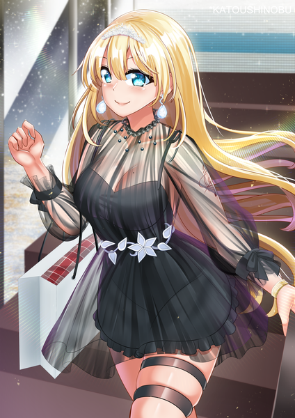 Anime picture 2000x2829 with virtual youtuber hololive hololive english watson amelia katou shinobu single long hair tall image blush fringe highres breasts blue eyes blonde hair smile hair between eyes standing signed payot looking away