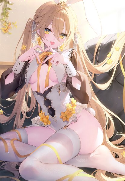 Anime picture 2405x3485 with original toosaka asagi single tall image looking at viewer fringe highres breasts open mouth light erotic blonde hair smile hair between eyes sitting twintails animal ears yellow eyes tail long sleeves very long hair