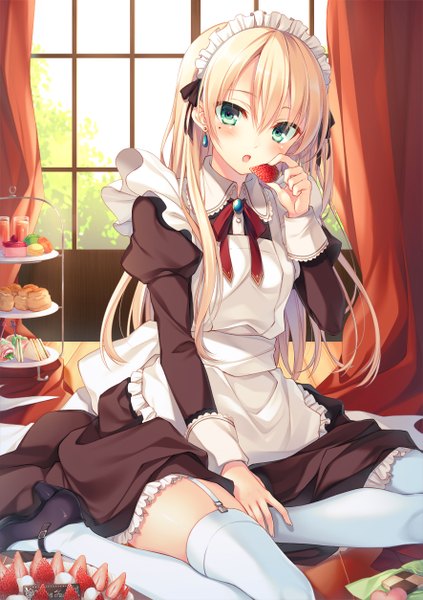 Anime picture 885x1254 with original toosaka asagi single long hair tall image looking at viewer blush open mouth blue eyes blonde hair maid girl thighhighs dress uniform white thighhighs food headdress sweets maid headdress