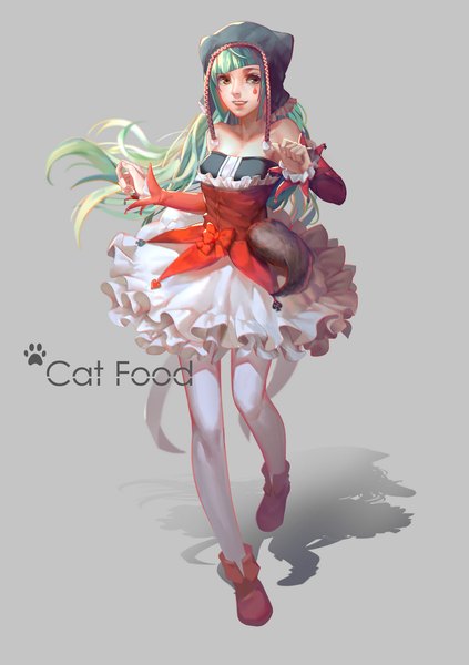 Anime picture 874x1240 with vocaloid cat food (vocaloid) hatsune miku lightofheaven single long hair tall image looking at viewer open mouth smile twintails brown eyes aqua hair shadow girl dress cap