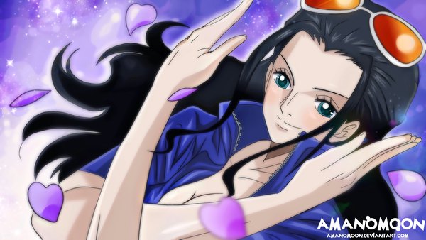 Anime picture 5448x3070 with one piece toei animation nico robin amanomoon single long hair blush highres breasts blue eyes black hair smile wide image signed payot looking away absurdres cleavage upper body dutch angle