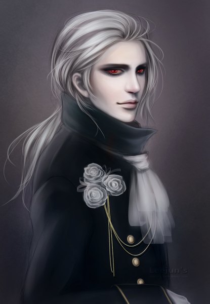 Anime picture 873x1261 with original leejun35 single long hair tall image simple background red eyes silver hair lips realistic grey background pale skin boy flower (flowers) rose (roses) neckerchief