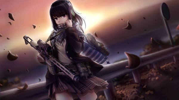 Anime picture 2428x1366 with original tc1995 single long hair looking at viewer highres black hair wide image sky outdoors pleated skirt pink eyes wind sunlight plaid skirt sunbeam girl skirt uniform weapon