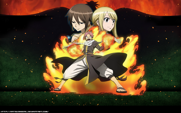 Anime picture 1280x800 with fairy tail lucy heartfilia natsu dragneel eclair (fairy tail) natsudrgonil long hair short hair open mouth blonde hair smile brown hair wide image multiple girls brown eyes pink hair ponytail black eyes coloring magic angry