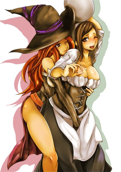 Anime picture 1447x2046 with dragon's crown vanillaware sorceress (dragon's crown) gggg long hair tall image looking at viewer blush breasts open mouth light erotic smile brown hair large breasts bare shoulders multiple girls brown eyes cleavage one eye closed lips