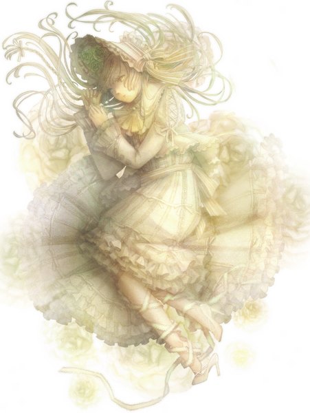 Anime picture 1447x1924 with original hibaarborvitae single long hair tall image blonde hair white background yellow eyes girl dress flower (flowers) frills bonnet