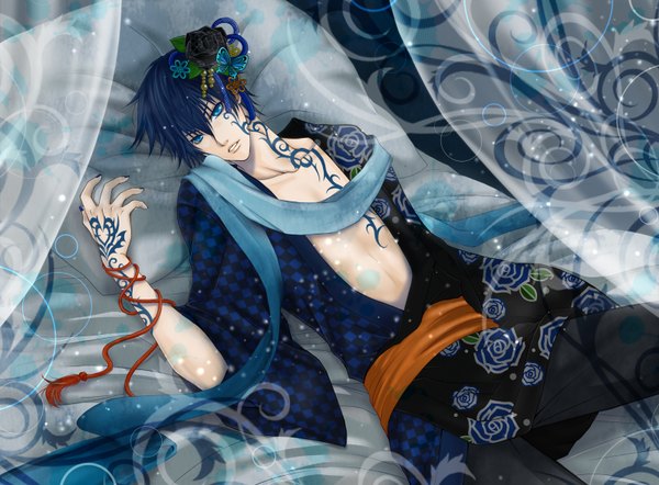 Anime picture 1600x1180 with vocaloid kaito (vocaloid) single short hair open mouth blue eyes blue hair lying nail polish open clothes tattoo boy hair ornament flower (flowers) scarf insect butterfly