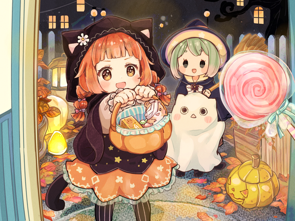 Anime picture 2732x2048 with original hacosumi long hair looking at viewer highres short hair open mouth smile standing multiple girls yellow eyes tail braid (braids) animal tail green hair orange hair night cat tail twin braids halloween