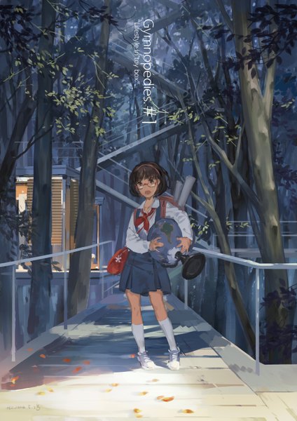 Anime picture 992x1403 with original hjl single tall image looking at viewer short hair open mouth black hair brown eyes girl uniform plant (plants) school uniform tree (trees) socks glasses hairband leaf (leaves) white socks globe