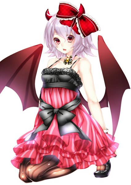 Anime picture 752x1062 with touhou remilia scarlet yutazou single tall image short hair open mouth simple background red eyes white background silver hair girl dress bow hair bow pantyhose wings striped pantyhose