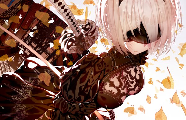 Anime picture 1600x1032 with nier nier:automata yorha no. 2 type b atha (leejuiping) single fringe short hair breasts light erotic simple background hair between eyes large breasts white background cleavage silver hair upper body from above wind mole dutch angle