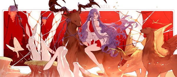 Anime picture 1920x842 with original pixiv fantasia pixiv fantasia last saga joseph lee single fringe highres hair between eyes wide image sitting bare shoulders holding yellow eyes payot looking away purple hair full body very long hair barefoot horn (horns)