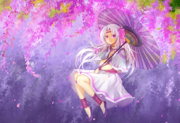 Anime picture 3168x2180 with original huazha01 single long hair looking at viewer highres smile holding absurdres full body bent knee (knees) white hair pink eyes hair flower wide sleeves short sleeves jumping girl dress hair ornament