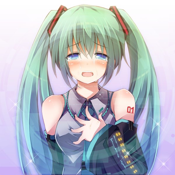 Anime picture 1200x1200 with vocaloid hatsune miku no shoushitsu (vocaloid) hatsune miku chiri (atlanta) single long hair blush open mouth blue eyes twintails bare shoulders aqua hair tears crying girl detached sleeves necktie