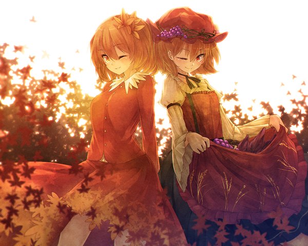 Anime picture 1200x960 with touhou aki minoriko aki shizuha ibuki notsu looking at viewer short hair blonde hair smile multiple girls holding yellow eyes dress lift back to back girl dress hair ornament 2 girls food leaf (leaves) fruit