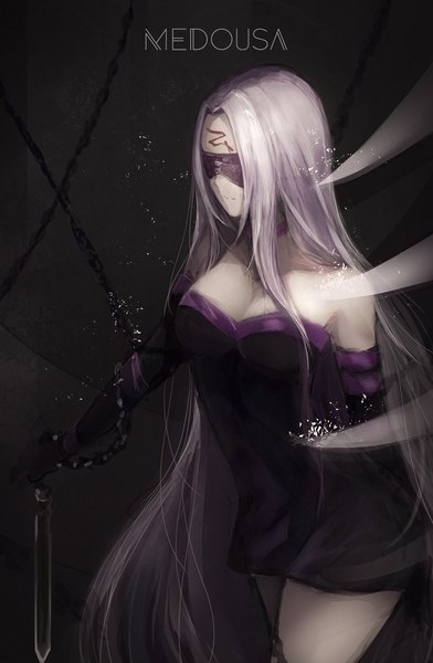 Anime picture 1530x2341 with fate (series) fate/stay night rider marumoru single tall image standing bare shoulders cleavage purple hair very long hair grey background character names forehead mark blindfold girl dress gloves weapon detached sleeves