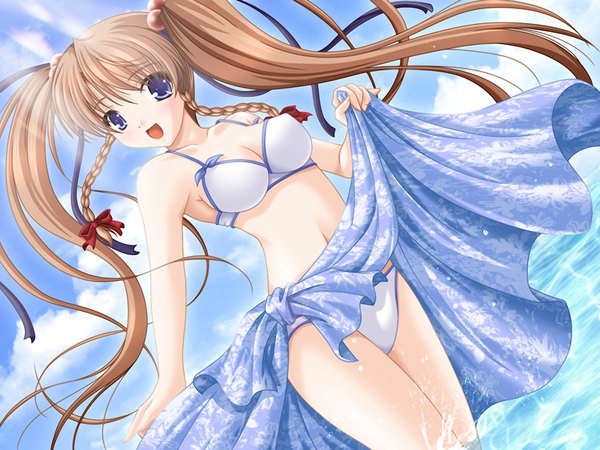 Anime picture 1200x900 with costume player single light erotic brown hair twintails purple eyes game cg girl swimsuit bikini white bikini