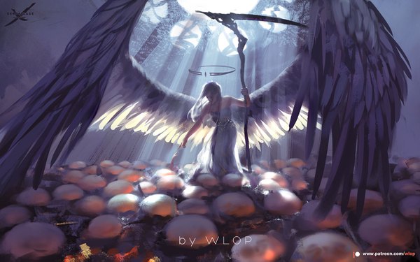Anime picture 1700x1063 with ghost blade yan (ghost blade) wlop long hair fringe bare shoulders holding signed grey hair copyright name outstretched arm watermark looking down light pointing girl dress weapon wings halo
