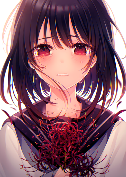 Anime picture 2976x4175 with original kuro namako single tall image looking at viewer blush fringe highres short hair black hair simple background hair between eyes red eyes white background holding upper body tears crying wavy mouth girl