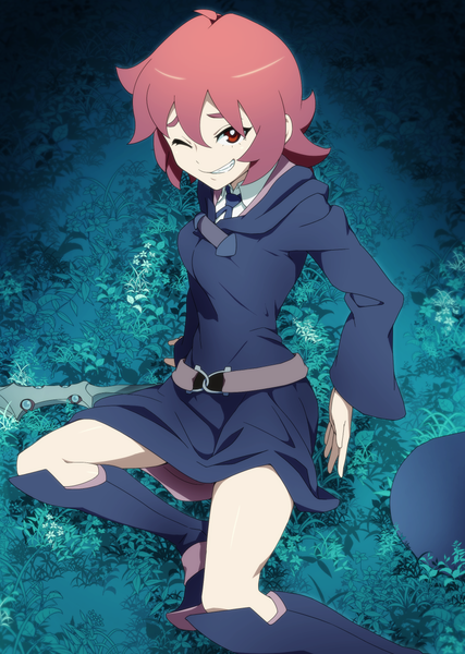 Anime-Bild 886x1244 mit little witch academia studio trigger shiny chariot uganda single tall image fringe short hair hair between eyes red eyes sitting red hair one eye closed from above hat removed headwear removed girl belt knee boots