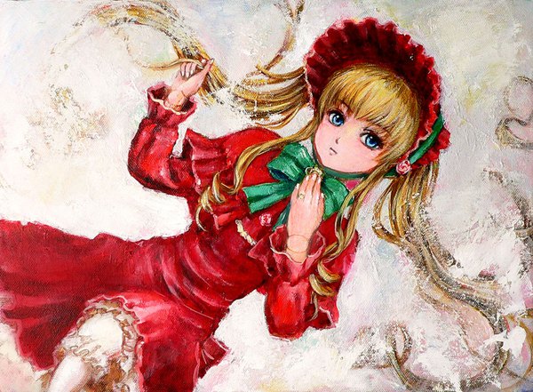 Anime picture 1087x800 with rozen maiden shinku tafuto single long hair looking at viewer fringe blue eyes blonde hair twintails lying grey background depth of field hand on chest lolita fashion traditional media doll joints girl dress bow