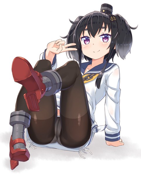 Anime picture 1000x1241 with kantai collection tokitsukaze destroyer changaa single tall image looking at viewer fringe short hair light erotic black hair simple background smile hair between eyes white background purple eyes full body arm support girl uniform underwear