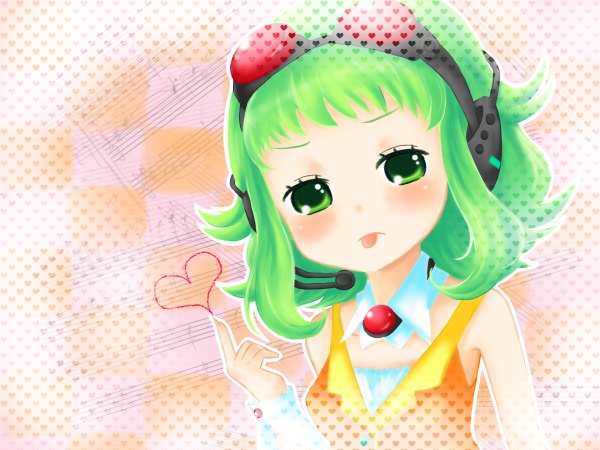 Anime picture 1200x900 with vocaloid gumi single looking at viewer blush fringe short hair green eyes upper body green hair portrait checkered goggles on head checkered background girl heart tongue detached collar goggles headset