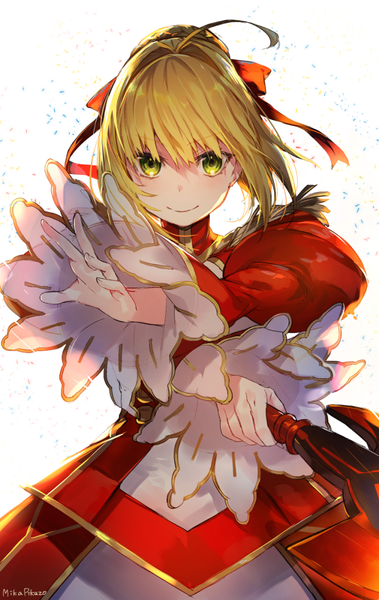 Anime picture 695x1100 with fate (series) fate/extra nero claudius (fate) (all) nero claudius (fate) mika pikazo single tall image looking at viewer fringe simple background blonde hair smile hair between eyes standing white background holding green eyes signed payot ahoge