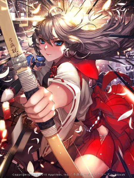 Anime picture 1600x2133 with furyou michi ~gang road~ original xaxak single long hair tall image looking at viewer blue eyes traditional clothes japanese clothes grey hair sunlight miko girl weapon petals bow (weapon) arrow (arrows)