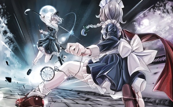 Anime picture 1388x858 with touhou izayoi sakuya konpaku youmu myon jan (lightdragoon) fringe short hair wide image multiple girls holding looking away sky silver hair bent knee (knees) outdoors braid (braids) long sleeves pleated skirt wind from behind