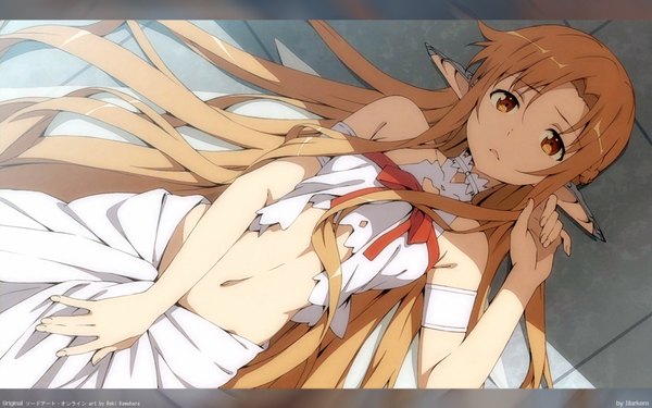 Anime picture 1920x1200 with sword art online a-1 pictures yuuki asuna titania (alo) kanzaki hiro single long hair looking at viewer highres light erotic brown hair wide image brown eyes lying pointy ears midriff elf sad girl navel
