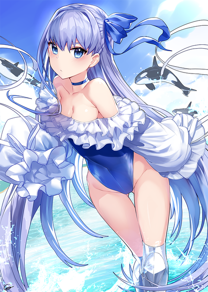 Anime picture 714x1000 with fate (series) fate/grand order meltryllis (fate) meltryllis (swimsuit lancer) (fate) gendo0032 single long hair tall image looking at viewer blush fringe breasts blue eyes light erotic hair between eyes standing bare shoulders blue hair sky cloud (clouds)