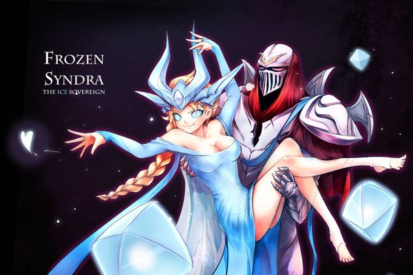 Anime picture 1800x1202 with frozen (disney) league of legends disney elsa (frozen) syndra zed (league of legends) beanbean1988 long hair blush highres blue eyes light erotic simple background blonde hair smile braid (braids) legs single braid black background cosplay